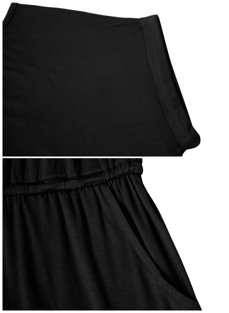 Mokayee م jumpsuit قصير صيفي أسود للنساء مع أكمام قصيرة وياقة دائرية ورباط أمامي جذاب مع جيوب XL - Image 3